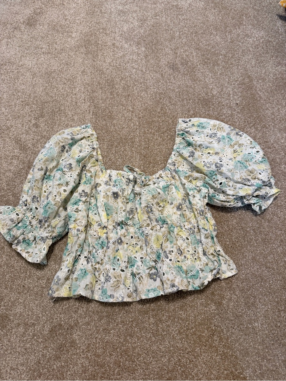 MINKPINK Floral Puff-Sleeve Peasant Top - White, Mint, Yellow